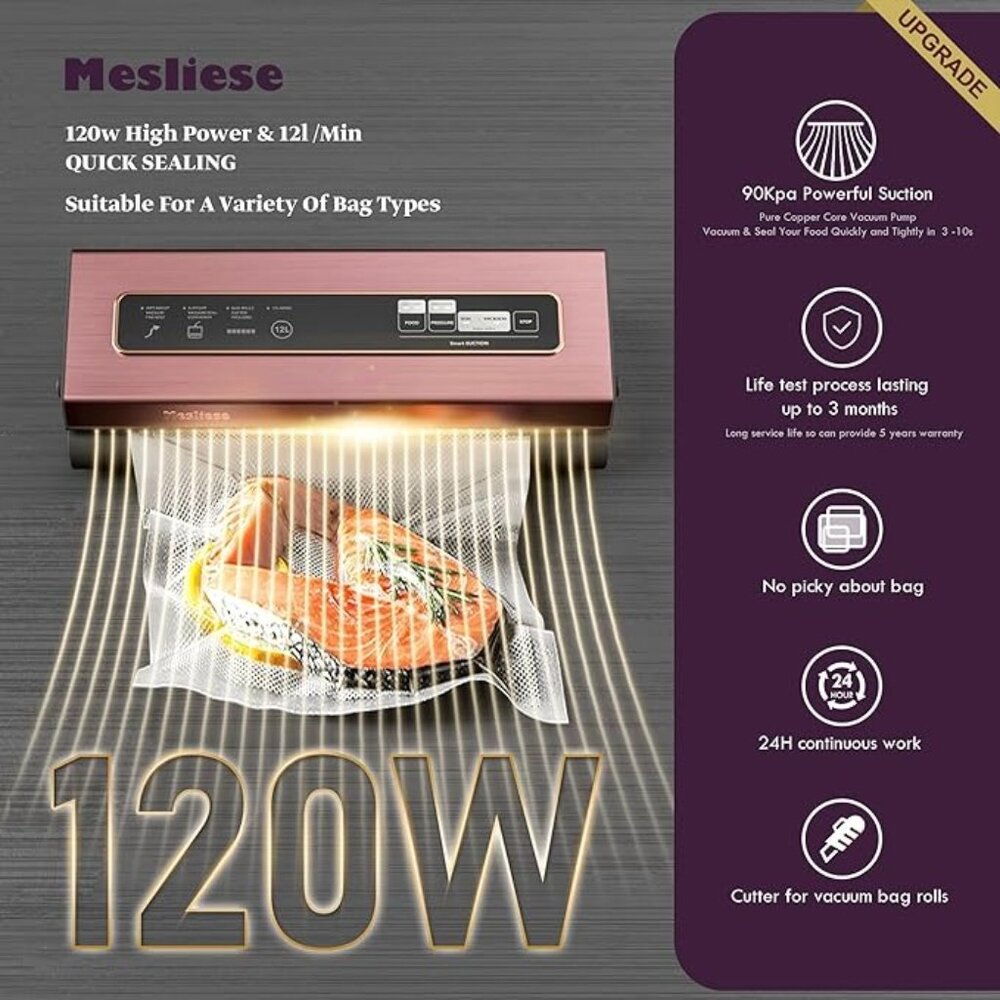 Mesliese Vacuum Sealer Machine Powerful 90Kpa Precision 6-in-1 Compact(Pink),New - Picture 6 of 10